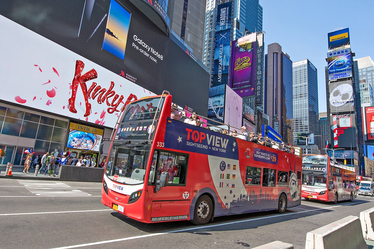 TopView open-top double-decker buses in Times Square New York