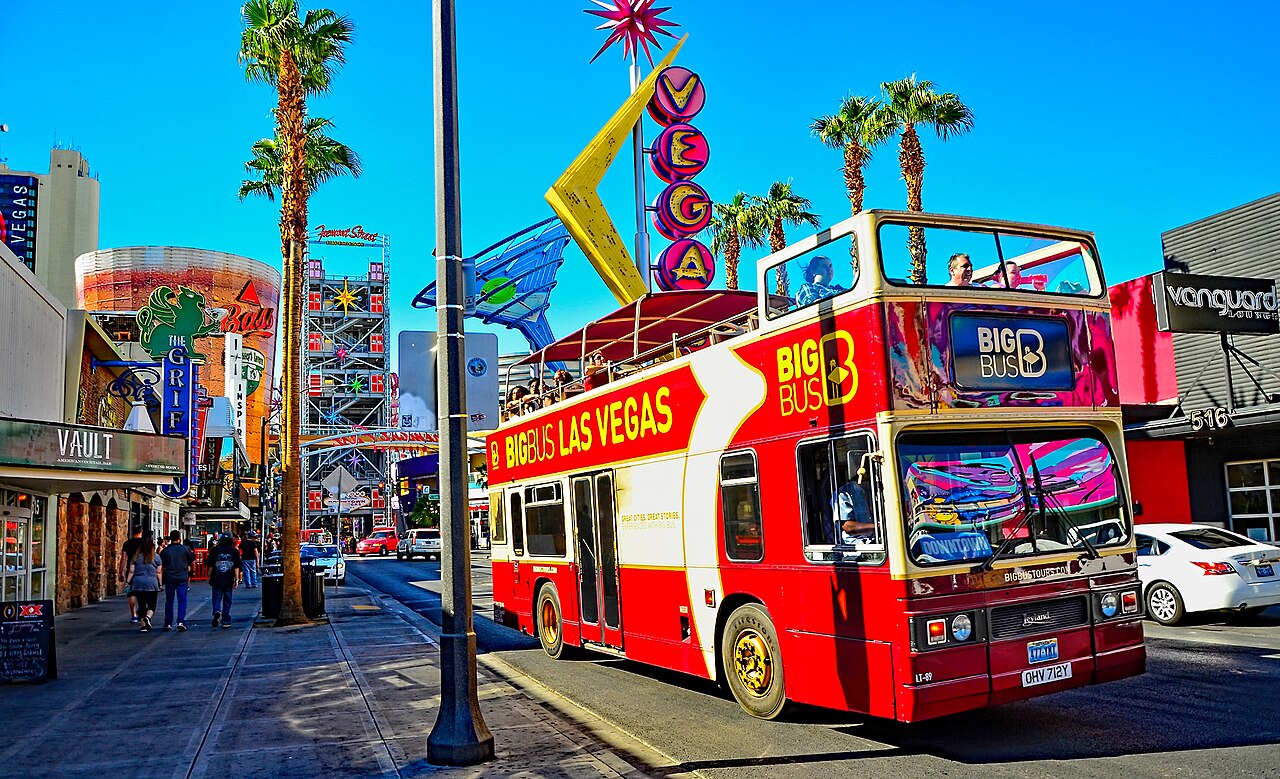 Red Big Bus open-top double-decker on the Las Vegas Strip